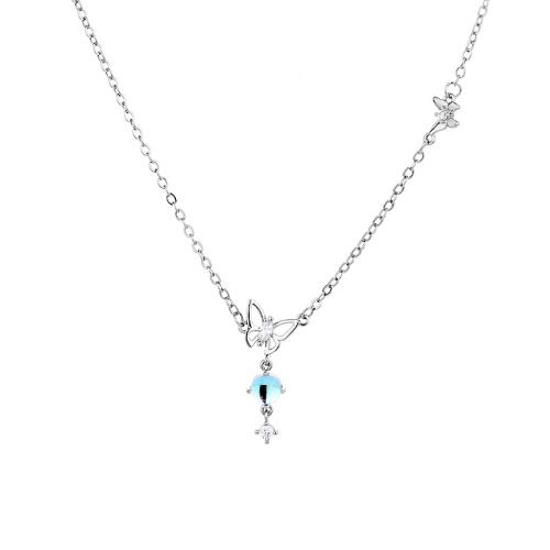 Cubic Zircon Micro Pave Brass Necklace, with Moonstone, with 5CM extender chain, Butterfly, plated, micro pave cubic zirconia & for woman, platinum color, Length:Approx 40 cm, Sold By PC