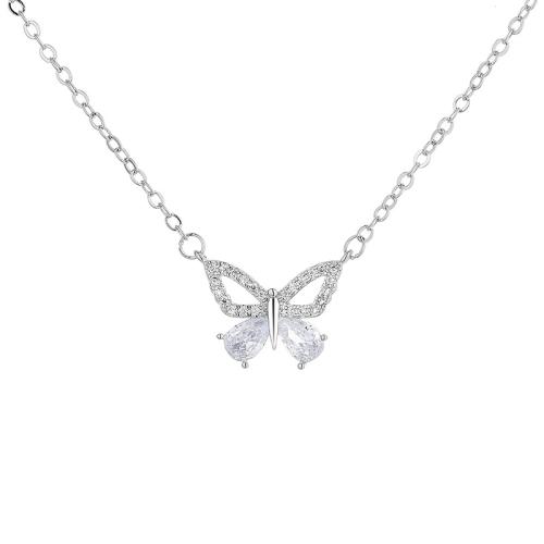 Cubic Zircon Micro Pave Brass Necklace, with 5CM extender chain, Butterfly, plated, micro pave cubic zirconia & for woman, platinum color, Length:Approx 40 cm, Sold By PC