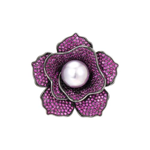 Brass Brooch, with Shell Pearl, plated, micro pave cubic zirconia & for woman, silver color, 36x37mm, Sold By PC