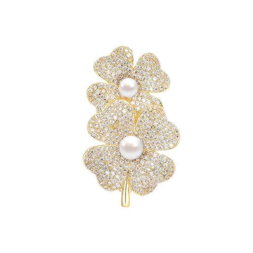 Brass Brooch, with Shell Pearl, plated, micro pave cubic zirconia & for woman, golden, 29x49mm, Sold By PC