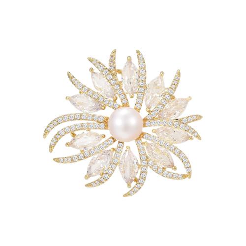 Freshwater Pearl Brooch, Brass, with Freshwater Pearl, plated, micro pave cubic zirconia & for woman, golden, 41x41mm, Sold By PC