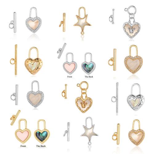 Brass Toggle Clasp, with Shell, plated, 2 pieces & Different Shape for Choice & DIY & micro pave cubic zirconia, more colors for choice, nickel, lead & cadmium free, 6Sets/Bag, Sold By Bag