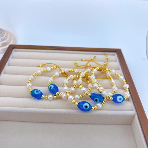 Evil Eye Jewelry Bracelet, Brass, with Knot Cord & Plastic Pearl, gold color plated, Adjustable & evil eye pattern & for woman, nickel, lead & cadmium free, Length:14 cm, Sold By PC