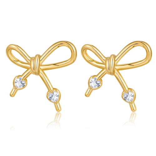 Cubic Zirconia Micro Pave Brass Earring, Bowknot, gold color plated, fashion jewelry & micro pave cubic zirconia, golden, nickel, lead & cadmium free, Sold By Pair