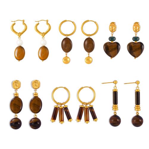 Stainless Steel Lever Back Earring, 304 Stainless Steel, with Tiger Eye, 18K gold plated, fashion jewelry & different styles for choice & for woman, Sold By Pair