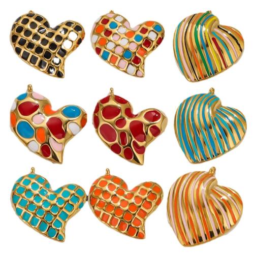 Pendientes Corazón de acero inoxidable, acero inoxidable 304, chapado en color dorado, Bricolaje & diferentes patrones para la opción & esmalte, más colores para la opción, 5PCs/Bolsa, Vendido por Bolsa