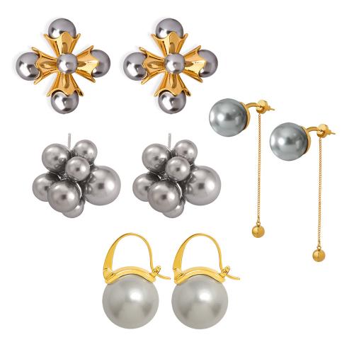 Stainless Steel Stud Earrings, 304 Stainless Steel, with Shell Pearl, plated, fashion jewelry & different styles for choice & for woman, more colors for choice, Sold By Pair