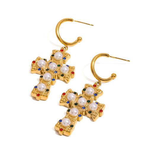 Boucle d'oreille de gaujon en acier inoxydable, Acier inoxydable 304, avec perle de plastique, croix, Placage, bijoux de mode & pour femme & avec strass, doré, Vendu par PC