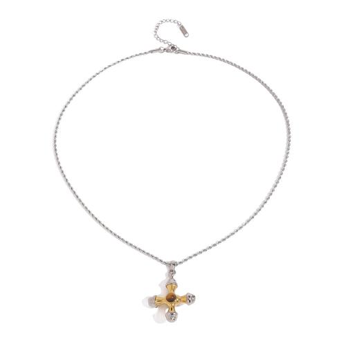 Stainless Steel Jewelry Necklace, 304 Stainless Steel, with Tiger Eye, with 1.96 Inch extender chain, Cross, plated, fashion jewelry & for woman & two tone, Length:19.68 Inch, Sold By PC