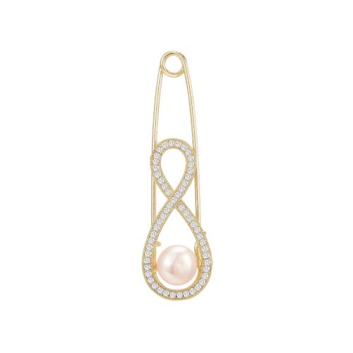 Freshwater Pearl Brooch, Brass, with Freshwater Pearl, micro pave cubic zirconia & for woman, golden, 70x20mm, Sold By PC