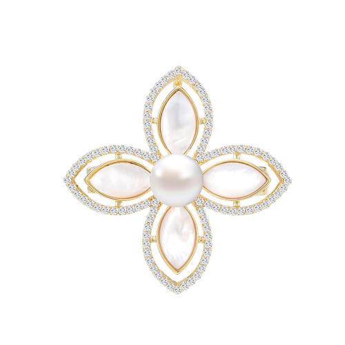 Freshwater Pearl Brooch, Brass, with Shell & Freshwater Pearl, plated, micro pave cubic zirconia & for woman, golden, 38x38mm, Sold By PC