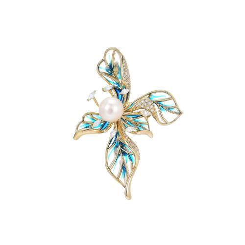 Cubic Zirconia Brooch, Brass, with Freshwater Pearl, micro pave cubic zirconia & for woman, golden, 58x42mm, Sold By PC