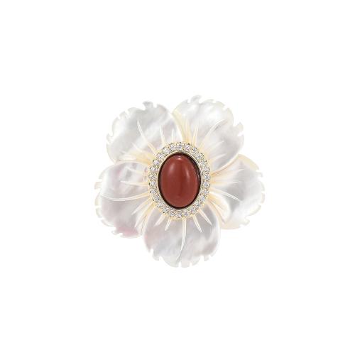 Shell Brooch, Brass, with Red Agate & Shell, plated, micro pave cubic zirconia & for woman, white, 26x26mm, Sold By PC