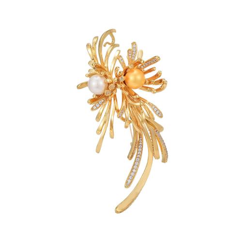 Shell Brooch, Brass, with Shell Pearl, plated, micro pave cubic zirconia & for woman, golden, 91x44mm, Sold By PC