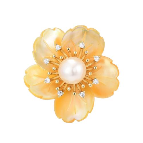 Shell Brooch, Brass, with Shell & Freshwater Pearl, plated, micro pave cubic zirconia & for woman, golden, 26x24mm, Sold By PC