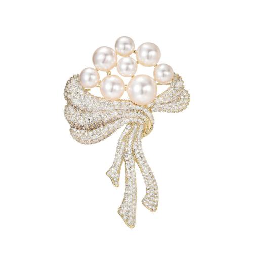 Cubic Zirconia Brooch, Brass, with Shell Pearl, plated, micro pave cubic zirconia & for woman, golden, 72x47mm, Sold By PC