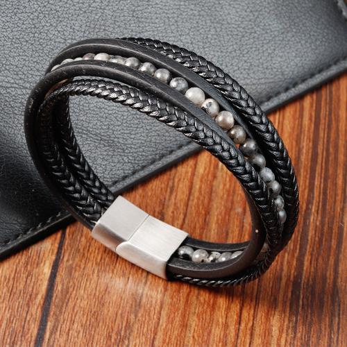 PU Leather Cord Bracelets, with Gemstone, polished, different styles for choice & for man, more colors for choice, 210mm, Sold By PC