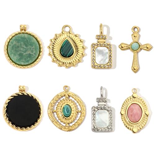 Stainless Steel Pendants, 304 Stainless Steel, with Gemstone & Shell, Different Shape for Choice & DIY & with rhinestone, more colors for choice, 6PCs/Bag, Sold By Bag