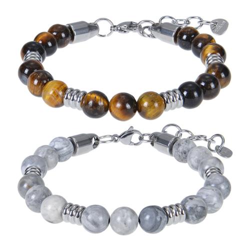 Gemstone Bracelets, Natural Stone, with 304 Stainless Steel, silver color plated, different materials for choice & Unisex, more colors for choice, nickel, lead & cadmium free, Length:6.6-8.5 Inch, Sold By PC