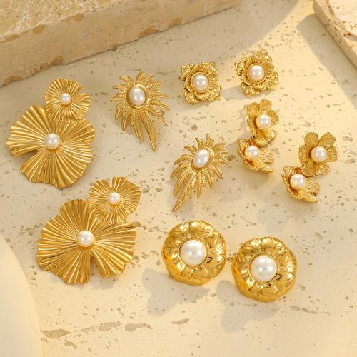 Pendientes de Acero Inoxidable, acero inoxidable 304, con Perlas plásticas, Flor, 18K chapado en oro, Joyería & diferentes estilos para la opción & para mujer, Vendido por Par