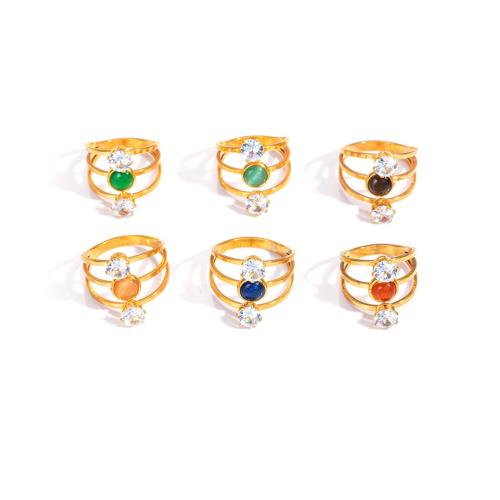 Rhinestone Stainless Steel Finger Ring, 304 Stainless Steel, with Natural Stone, 18K gold plated, for woman & with rhinestone & hollow, more colors for choice, Sold By PC