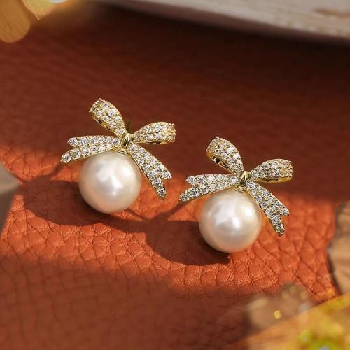 Cubic Zirconia Micro Pave Brass Earring, with Plastic Pearl, Bowknot, fashion jewelry & micro pave cubic zirconia & for woman, golden, Sold By Pair