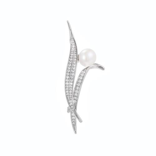 Cubic Zirconia Brooch, Brass, with Shell Pearl, plated, micro pave cubic zirconia & for woman, silver color, 58x22mm, Sold By PC