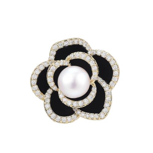 Cubic Zirconia Brooch, Brass, with Freshwater Pearl, plated, micro pave cubic zirconia & for woman & enamel, golden, 18x18mm, Sold By PC