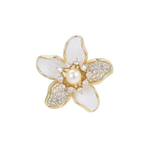 Cubic Zirconia Brooch, Brass, with Shell Pearl, plated, micro pave cubic zirconia & for woman & enamel, golden, 25x25mm, Sold By PC