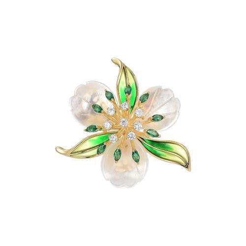 Cubic Zirconia Brooch, Brass, with Shell, plated, micro pave cubic zirconia & for woman, golden, 37x38mm, Sold By PC