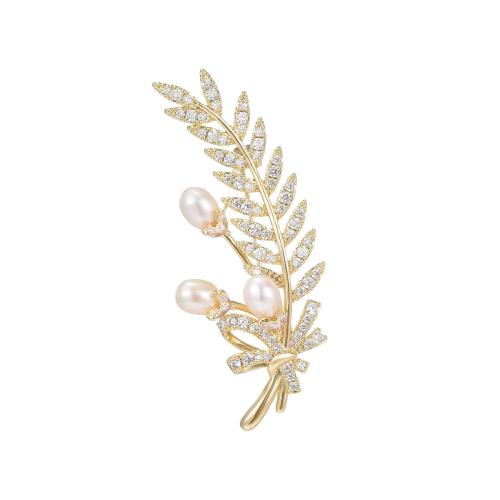 Cubic Zirconia Brooch, Brass, with Freshwater Pearl, micro pave cubic zirconia & for woman, golden, 37x38mm, Sold By PC