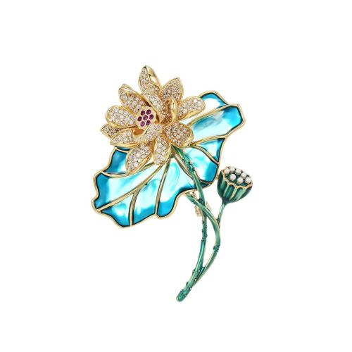 Cubic Zirconia Brooch, Brass, with Shell Pearl, plated, micro pave cubic zirconia & for woman & enamel, golden, 77x33mm, Sold By PC