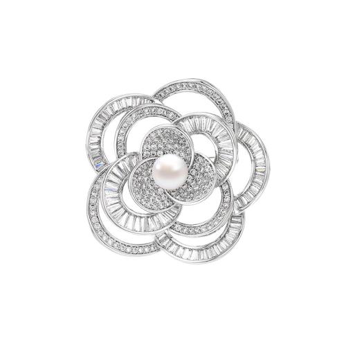 Cubic Zirconia Brooch, Brass, with Freshwater Pearl, micro pave cubic zirconia & for woman, silver color, 43x43mm, Sold By PC