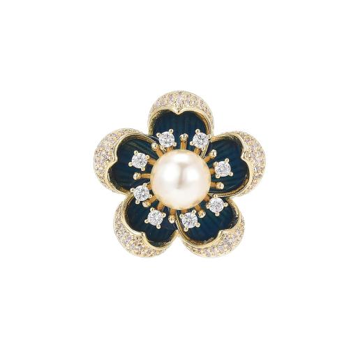 Cubic Zirconia Brooch, Brass, with Shell Pearl, plated, micro pave cubic zirconia & for woman, golden, 22x22mm, Sold By PC