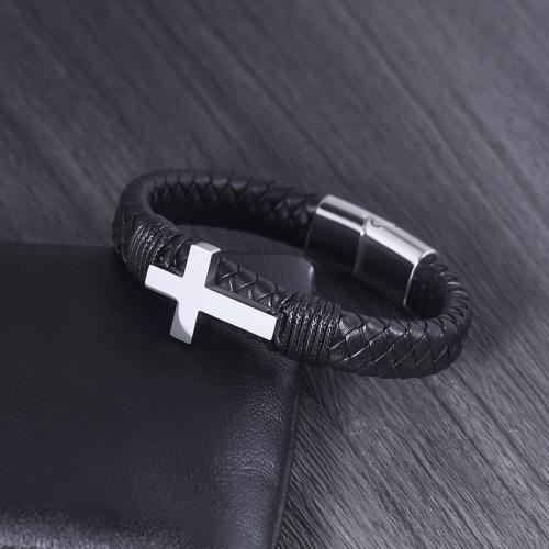 Titanium Steel Bracelet, with PU Leather, Cross, different size for choice & for man, Sold By PC