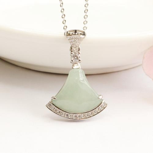 Jadeite Necklace, with 925 Sterling Silver, Skirt, for woman & with rhinestone, Length:Approx 16-20 Inch, Sold By PC