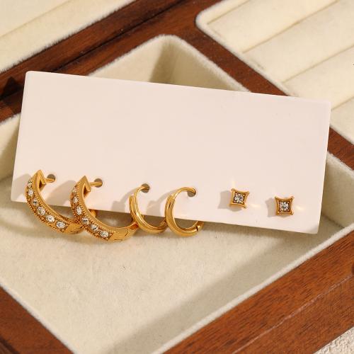 Stainless Steel Stud Earrings, 304 Stainless Steel, gold color plated, three pieces & for woman & with rhinestone, Sold By Set