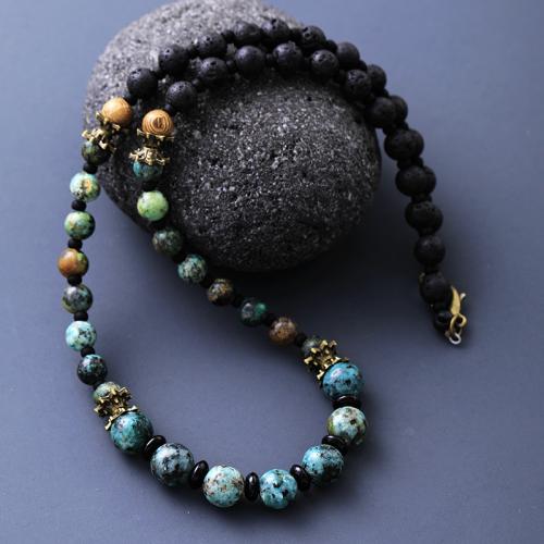 Natural Gemstone Necklace, Lava, with African Turquoise, Unisex, Length:45-50 cm, Sold By PC