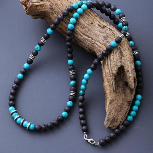 Collier turquoise de mode, avec lave volcanique & agate noire, pour homme, Longueur:70 cm, Vendu par PC