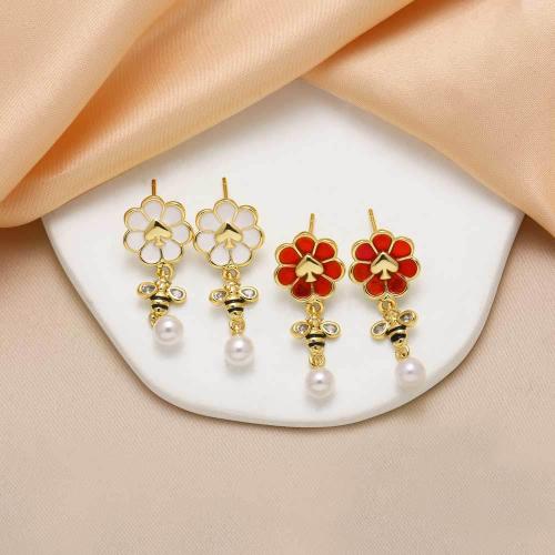 Pendientes de Gota en Latón, metal, con Perlas plásticas, chapado en color dorado, Joyería & micro arcilla de zirconia cúbica & esmalte, más colores para la opción, libre de níquel, plomo & cadmio, 34x14mm, Vendido por Par