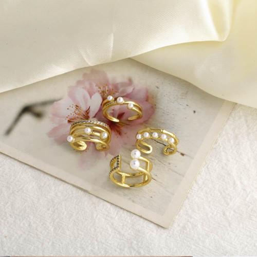 Cubic Zirconia Micro Pave Brass Ring, with Plastic Pearl, gold color plated, fashion jewelry & different designs for choice & micro pave cubic zirconia, gold, nickel, lead & cadmium free, Sold By PC