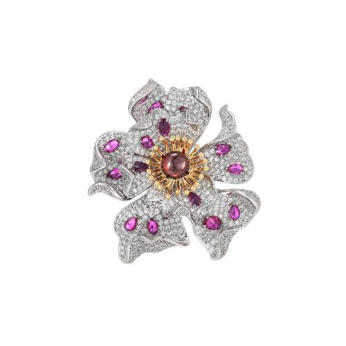 Cubic Zirconia Brooch, Brass, with Garnet, plated, micro pave cubic zirconia & for woman, silver color, 46x54mm, Sold By PC