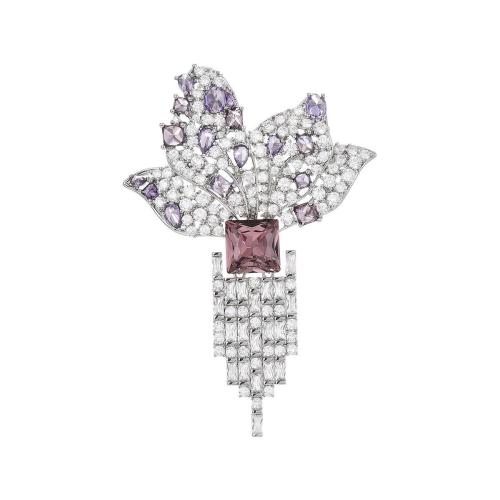 Crystal Brooch, Brass, with Austrian Crystal, plated, micro pave cubic zirconia & for woman, silver color, 67x46mm, Sold By PC