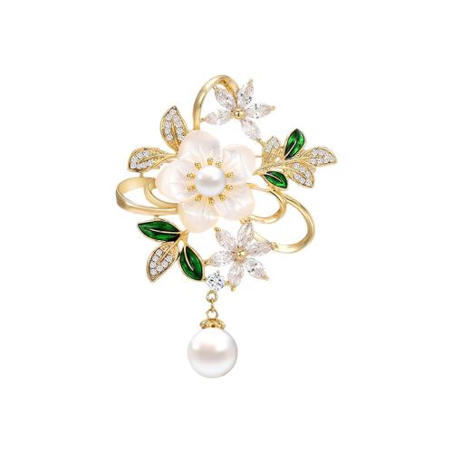 South Sea Shell Brooch, Brass, with Shell Pearl, plated, micro pave cubic zirconia & for woman, golden, 43x58mm, Sold By PC