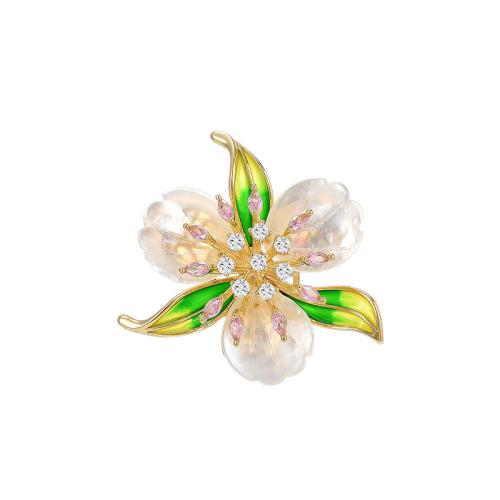 Shell Brooch, Brass, with Shell, plated, micro pave cubic zirconia & for woman & enamel, golden, 37x36mm, Sold By PC