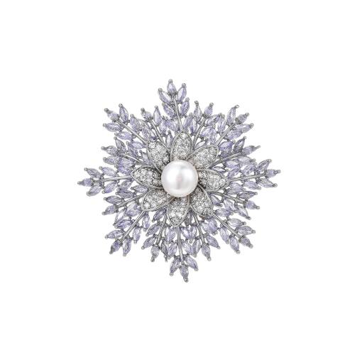 Freshwater Pearl Brooch, Brass, with Freshwater Pearl, plated, micro pave cubic zirconia & for woman, silver color, 49x49mm, Sold By PC