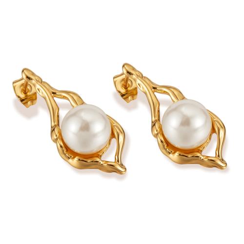 Stainless Steel Stud Earrings, 304 Stainless Steel, with Plastic Pearl, plated, fashion jewelry & for woman & hollow, golden, Sold By Pair