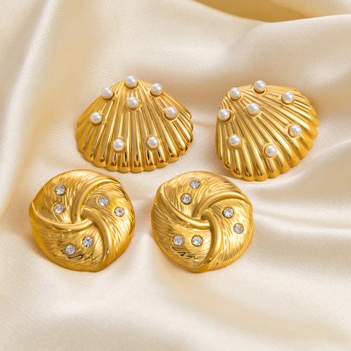 Stainless Steel Stud Earrings, 304 Stainless Steel, Shell, different styles for choice & for woman & with rhinestone, golden, Sold By Pair