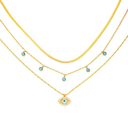 Stainless Steel Jewelry Necklace, 304 Stainless Steel, with turquoise, plated, three layers & for woman & with rhinestone & hollow, golden, Sold By PC