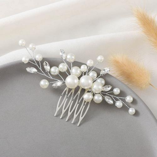 Plastic Pearl Decorative Hair Comb, with brass wire, handmade, fashion jewelry & for woman & with rhinestone, more colors for choice, 105x60mm, Sold By PC